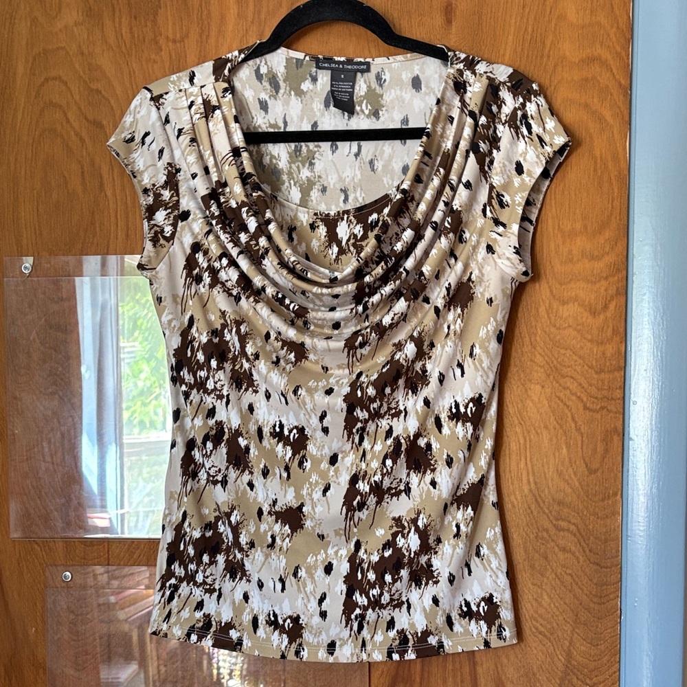Chelsea and Theodore Drape Neck Cap Sleeve Stretch Top